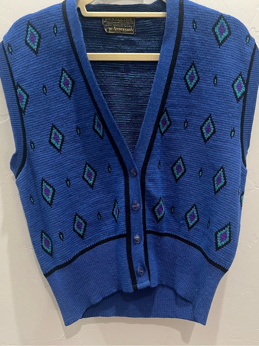 VTG Pendleton Blue Wool Sweater Vest Button Down Diamond Pattern